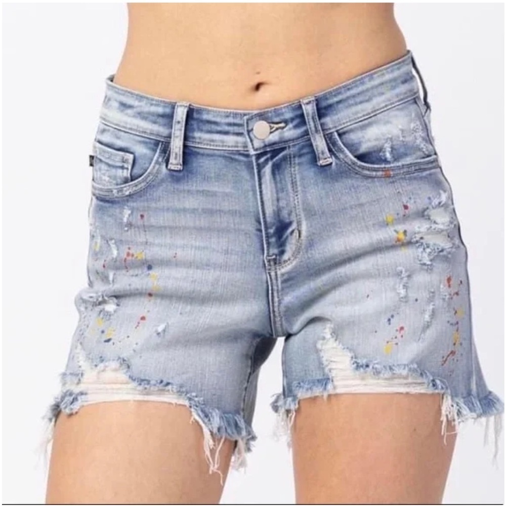 Judy Blue Light Denim Fruity Pebbles Paint Splatter distressed Shorts lg 15245lt
